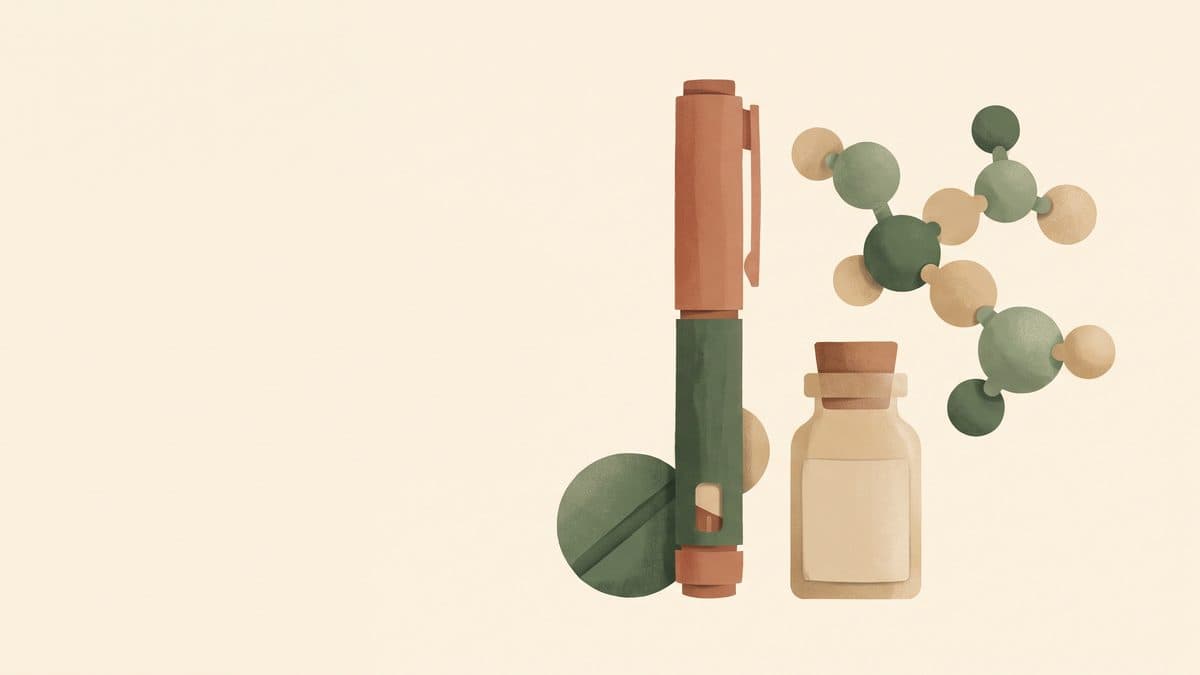 Paper-cut illustration of an injection pen next to a small tablet bottle and a floating molecule of spheres
