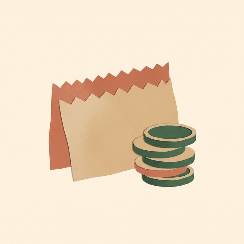 Paper-cut illustration of a blank receipt-shaped card beside a small stack of coins